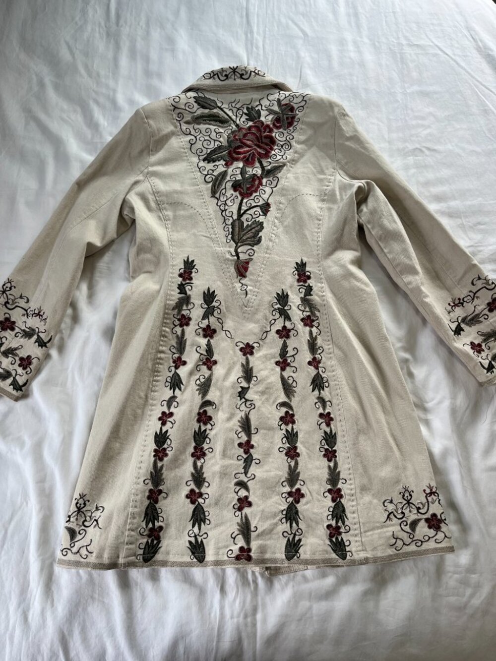 Paparazzi Beige Floral Embroidered Boho Button Down Long Jacket | Size L - Picture 13 of 13
